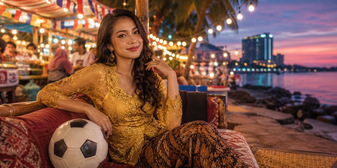 Pengguna Malaysia berbaju kebaya menonton pertaruhan bola sepak dalam talian melalui platform 5200
